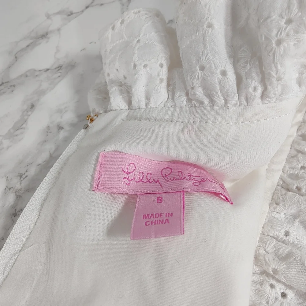 Lilly Pulitzer Tilsbury Dress In White Eyelet Lace Size 8 - Picture 4 of 11